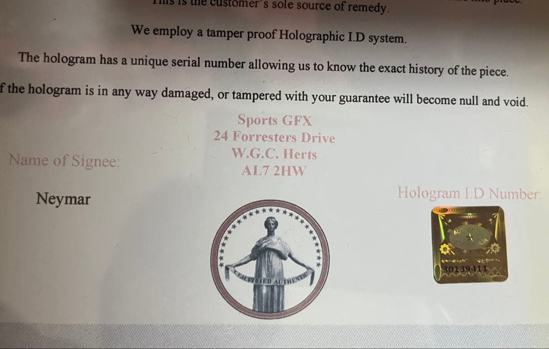 ネイマール選手　直筆サインパネル　ブラジル代表