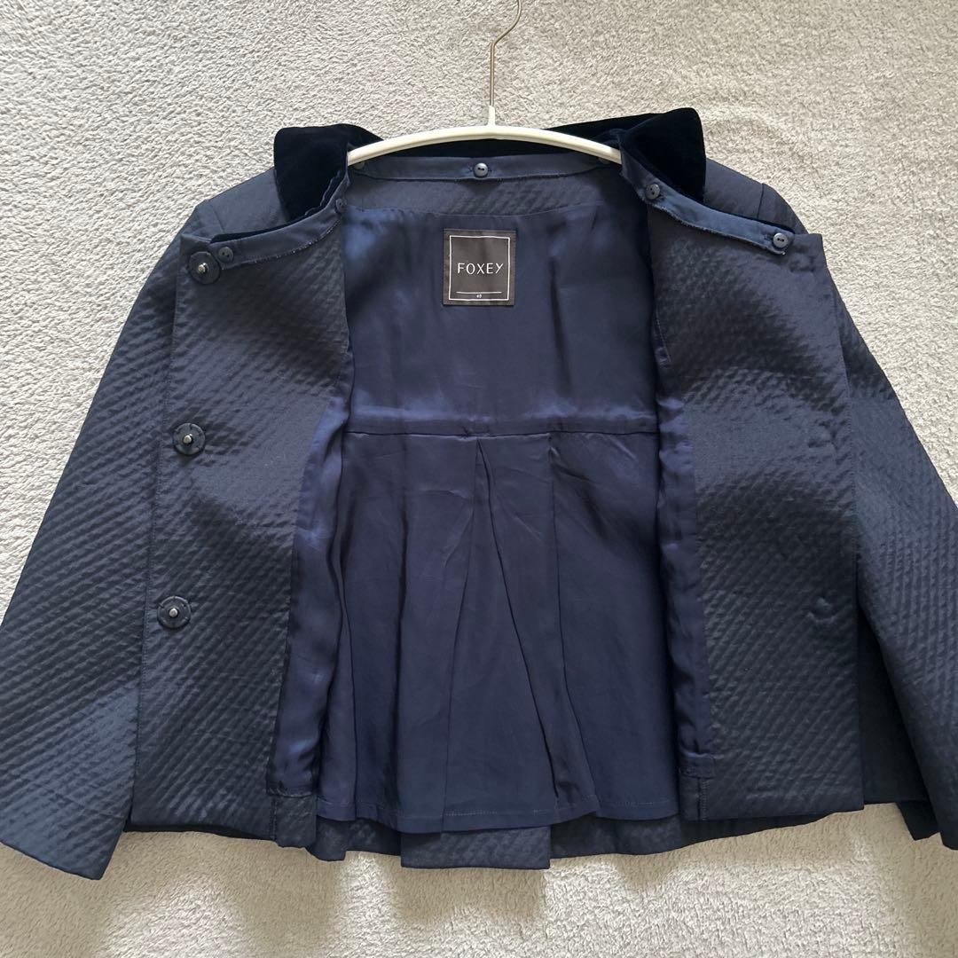 FOXEY キルティング 2way ノーカラージャケット　ネイビー 紺 40