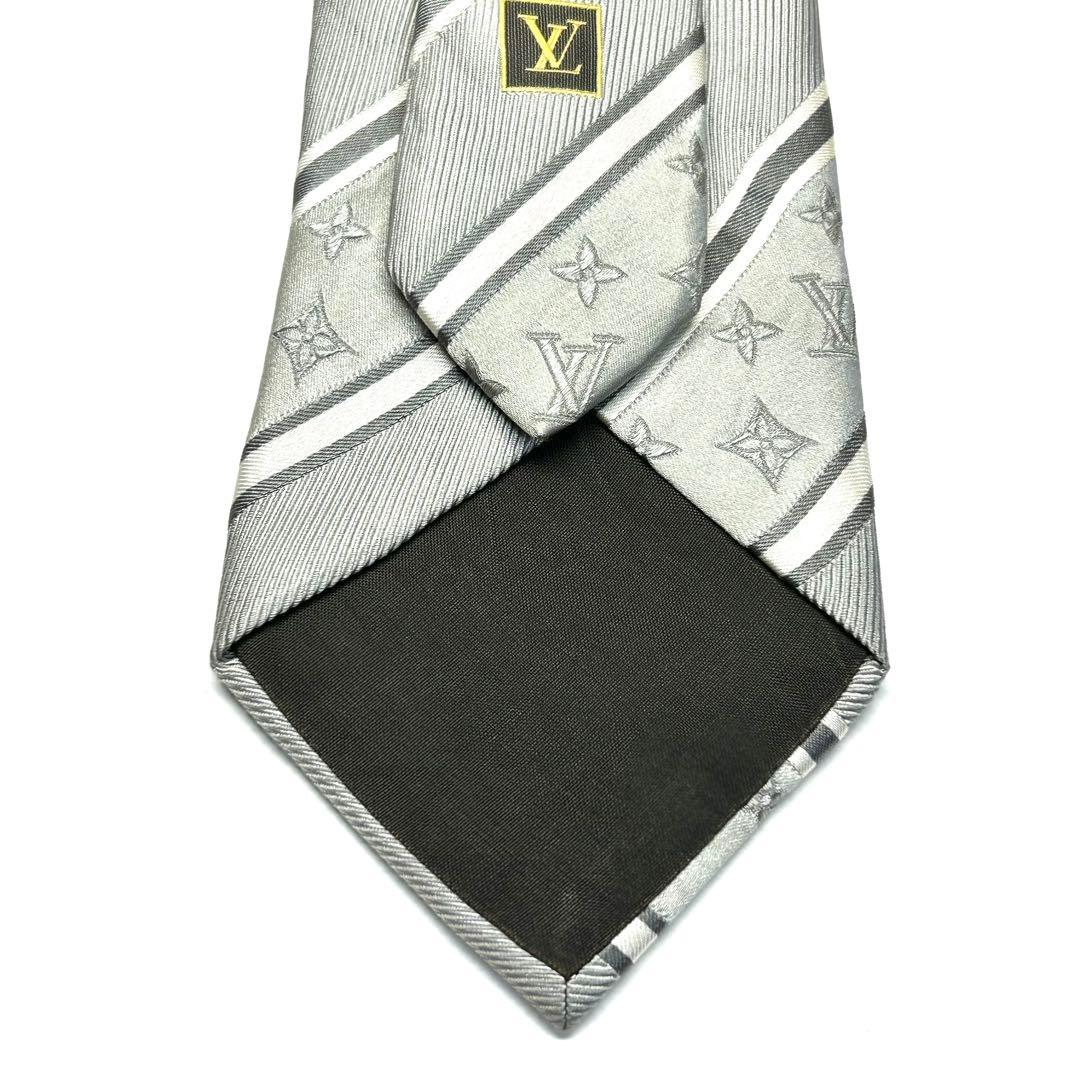 【美品✨】ルイヴィトン ネクタイ シルバー モノグラム レジメンタル 高級シルク