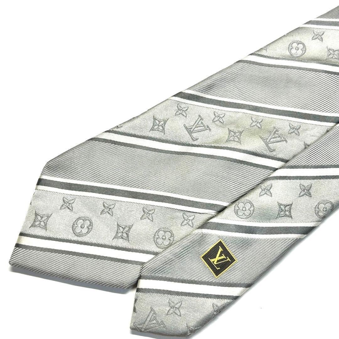 【美品✨】ルイヴィトン ネクタイ シルバー モノグラム レジメンタル 高級シルク