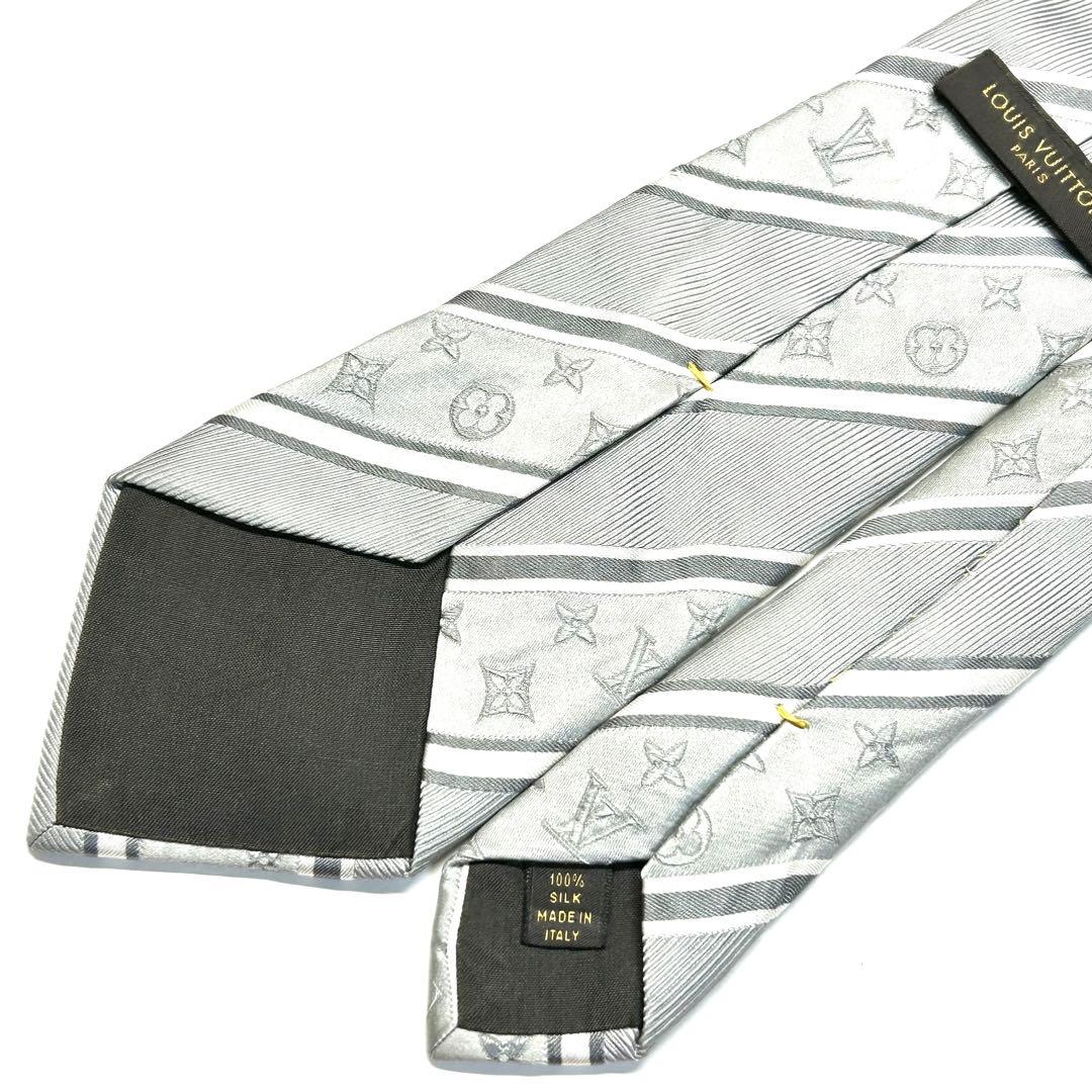 【美品✨】ルイヴィトン ネクタイ シルバー モノグラム レジメンタル 高級シルク