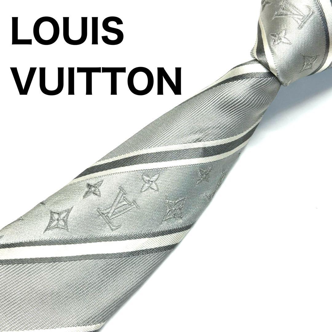 【美品✨】ルイヴィトン ネクタイ シルバー モノグラム レジメンタル 高級シルク
