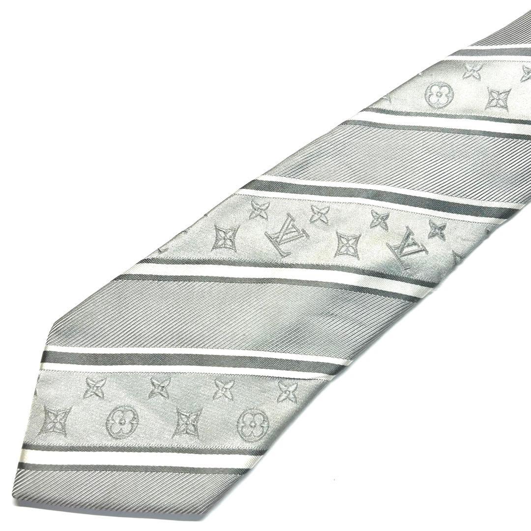 【美品✨】ルイヴィトン ネクタイ シルバー モノグラム レジメンタル 高級シルク