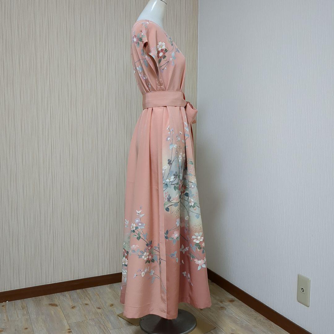 着物リメイク　正絹訪問着　上質友禅 フレアーロングワンピース　裏地付