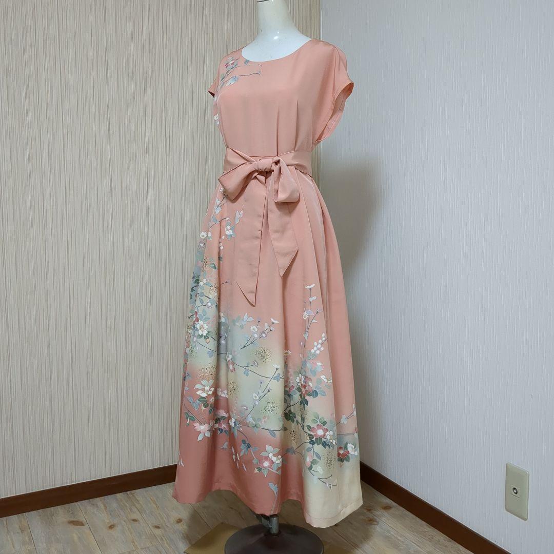 着物リメイク　正絹訪問着　上質友禅 フレアーロングワンピース　裏地付