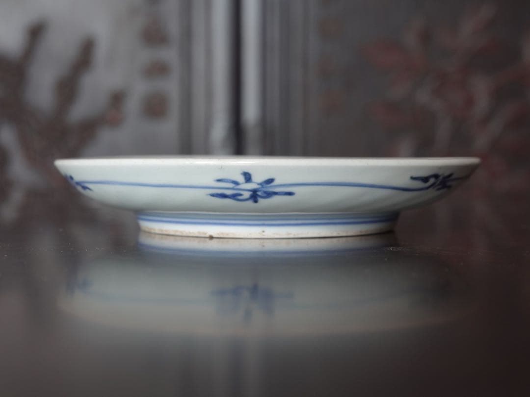 江戸時代　前期　古伊万里　藍九谷　染付　葡萄文　漢詩　皿　五寸皿　飾皿　額皿