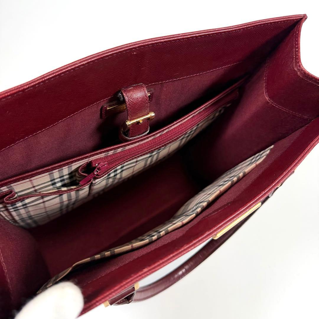 【美品】バーバリー　トートバッグ　サフィアーノレザー　ゴールド金具　ボルドー