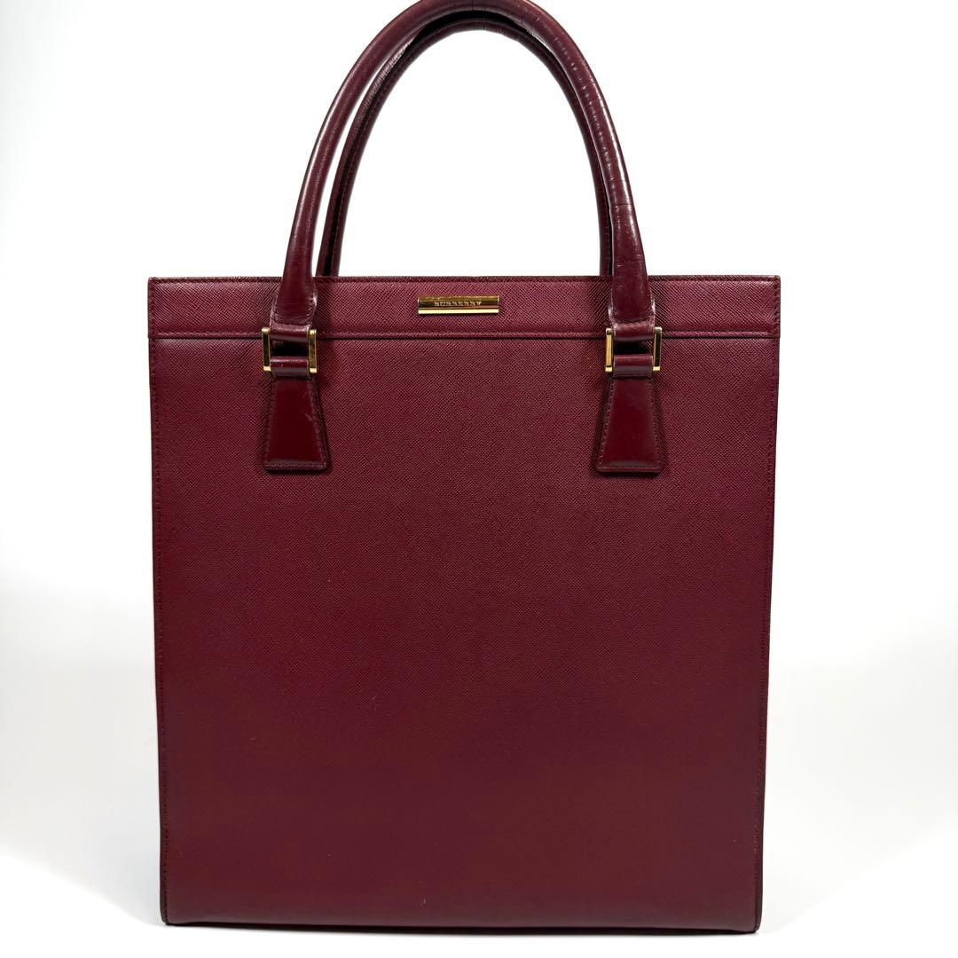 【美品】バーバリー　トートバッグ　サフィアーノレザー　ゴールド金具　ボルドー