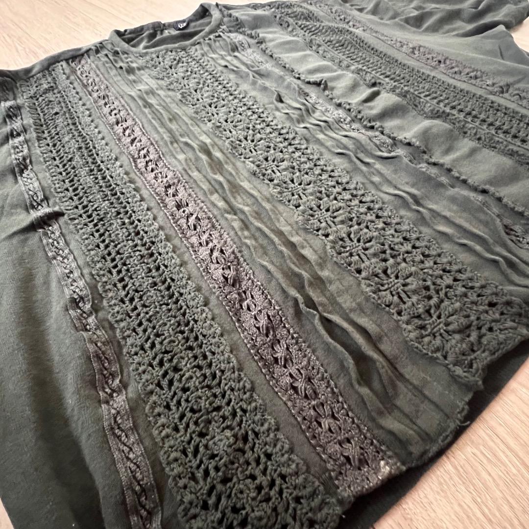 【美品】45R レースdeニットソーTシャツ グリーン レース フリル