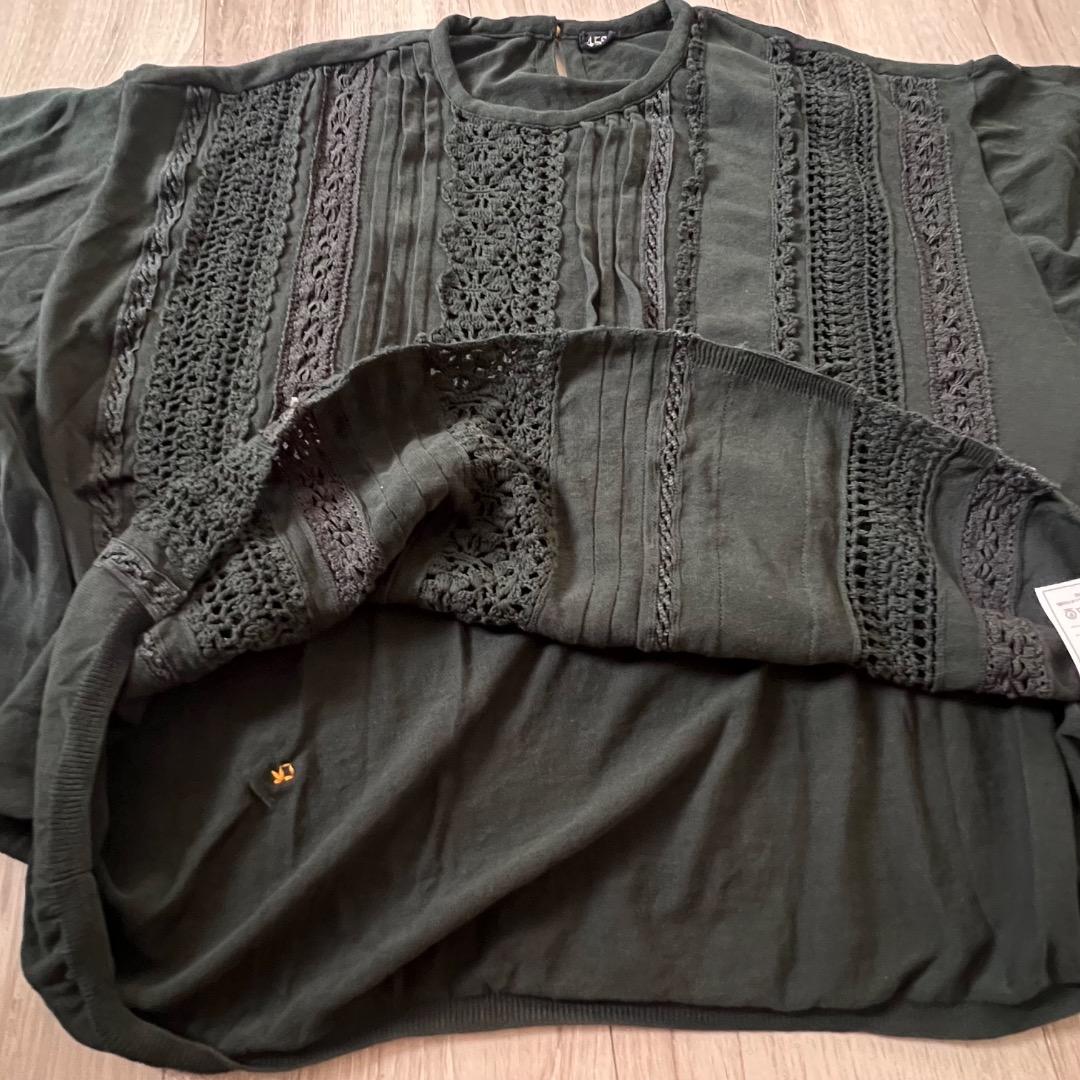 【美品】45R レースdeニットソーTシャツ グリーン レース フリル