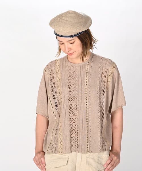 【美品】45R レースdeニットソーTシャツ グリーン レース フリル