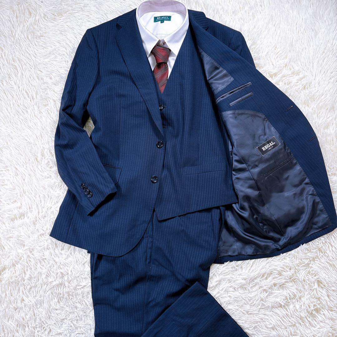 【AB6⭐️美品】リーガル　3ピーススーツセットアップ ストライプ　式　紺