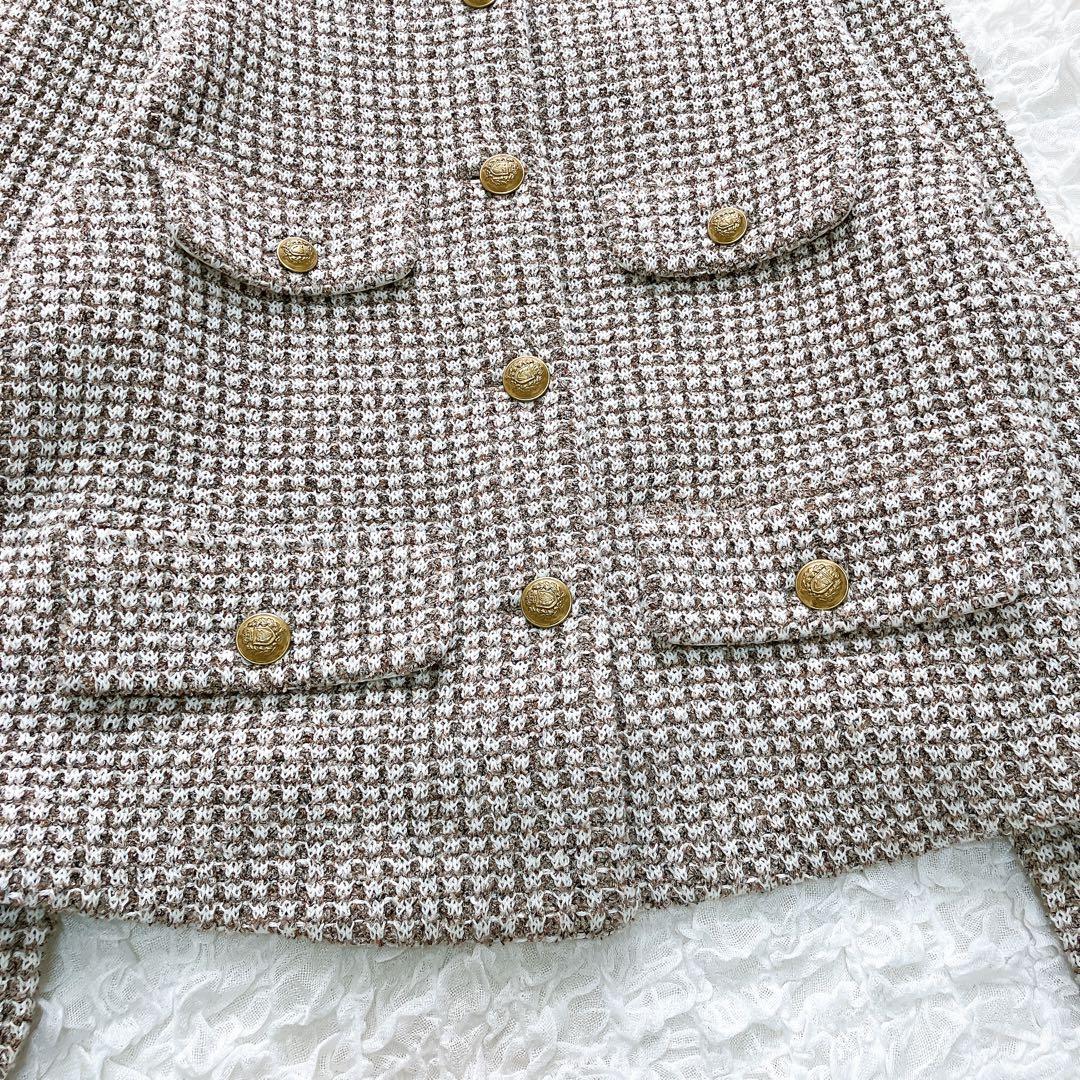 ロペ　カラーミックス　ツイードジャケット　38 ノーカラー　 金ボタン