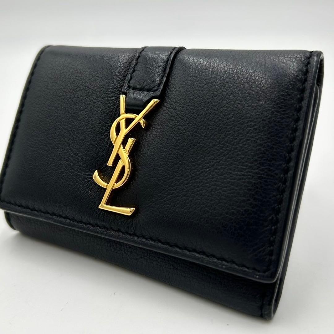 【美品】サンローラン　キーケース　6連　カサンドラ　ロゴ　レザー　ブラック