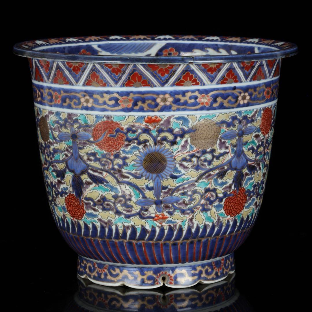 【古伊万里】色絵金彩大鉢 菊牡丹文様 植木鉢 蘭鉢 盆栽鉢 火鉢 骨董 古美術