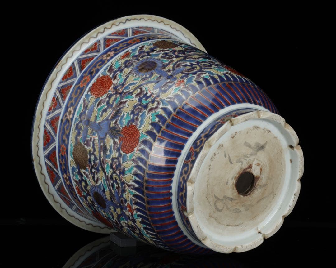 【古伊万里】色絵金彩大鉢 菊牡丹文様 植木鉢 蘭鉢 盆栽鉢 火鉢 骨董 古美術