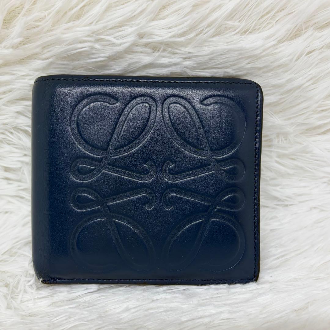 希少/美品✨️ロエベ 二つ折り財布 アナグラム レザー ネイビー ブラック