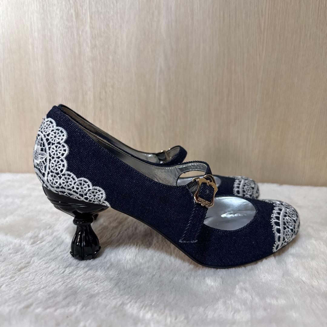 【未使用】ANNA SUI デニム生地レース刺繍メリージェーンシューズ