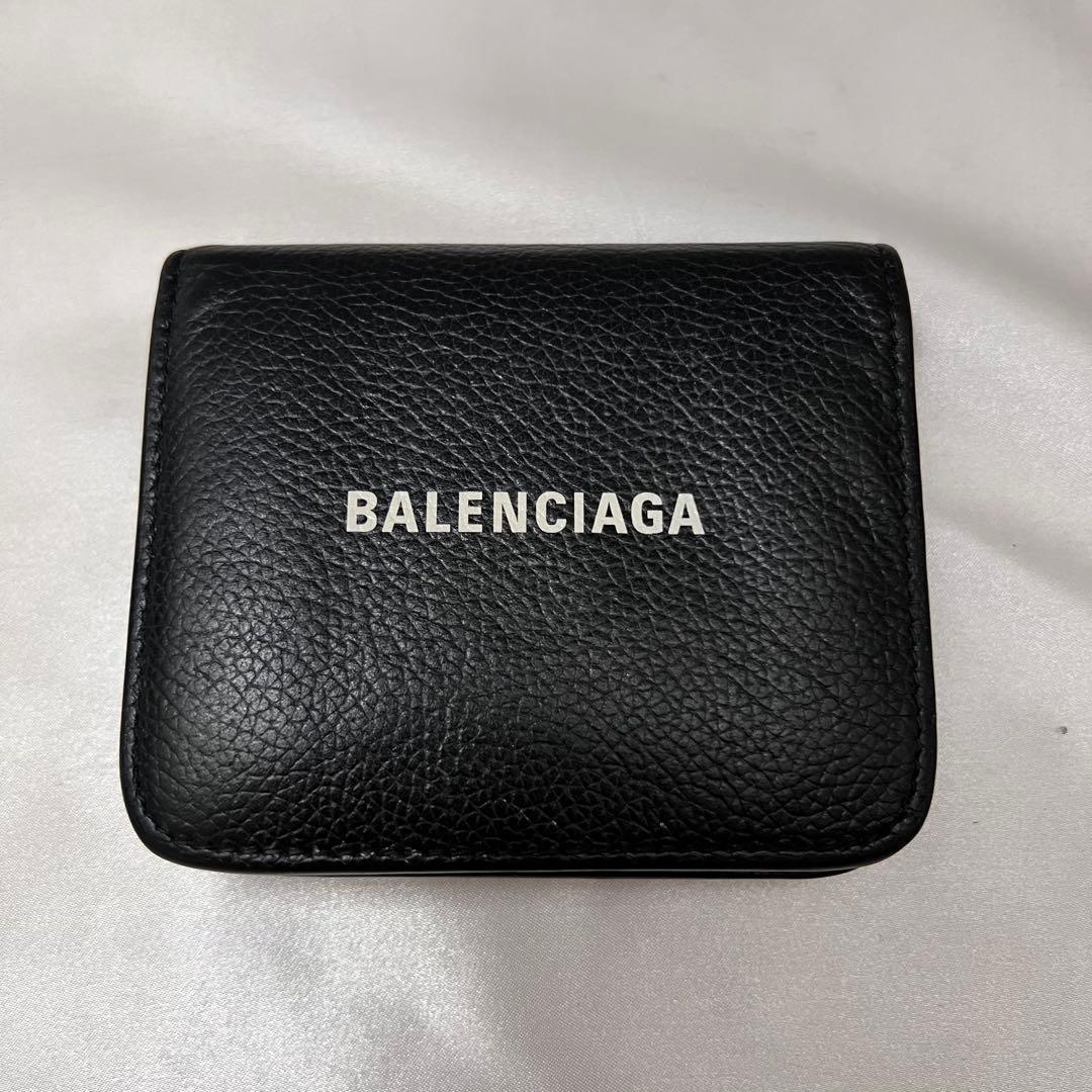 ◇美品◇バレンシアガ　コンパクト折り財布　白ロゴ×ブラックレザー×ゴールド金具