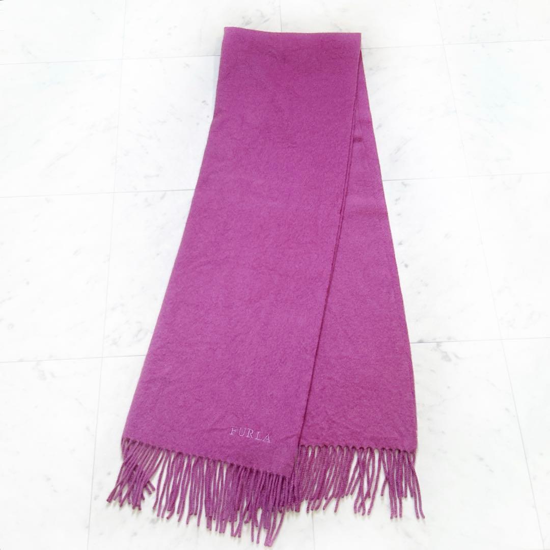 美品 FURLA フルラ カシミヤ マフラー ロゴ刺繍 マゼンダ パープルピンク