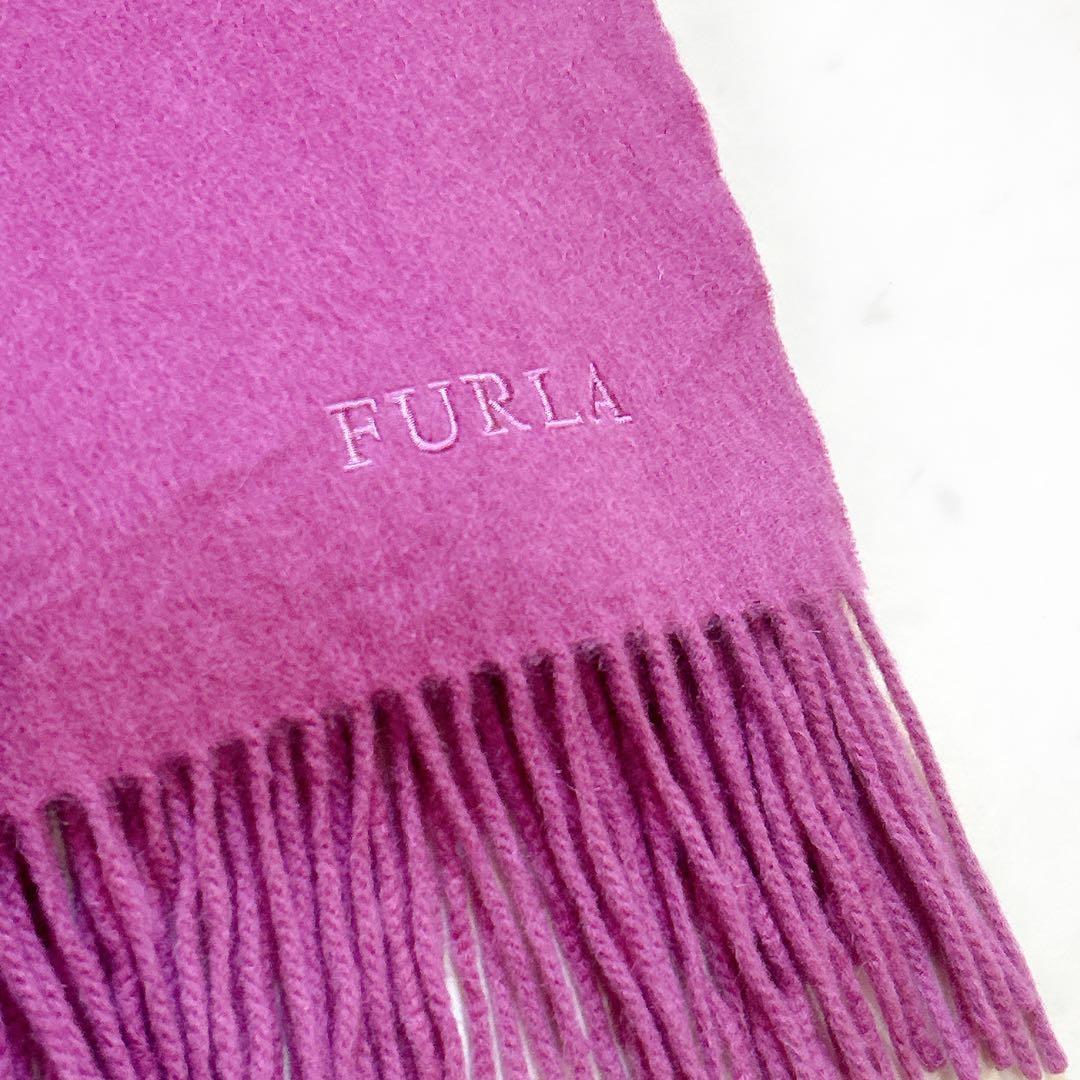 美品 FURLA フルラ カシミヤ マフラー ロゴ刺繍 マゼンダ パープルピンク