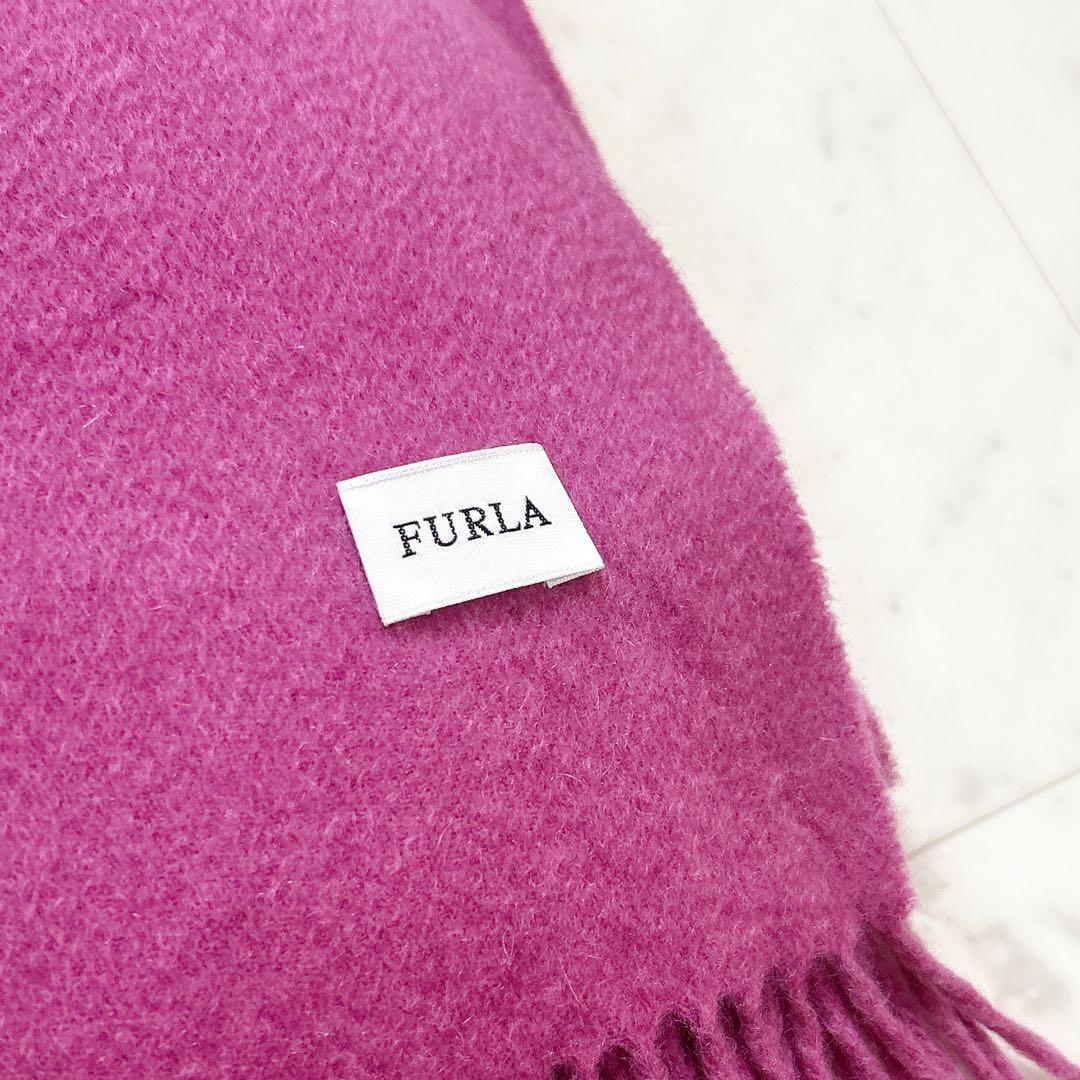 美品 FURLA フルラ カシミヤ マフラー ロゴ刺繍 マゼンダ パープルピンク