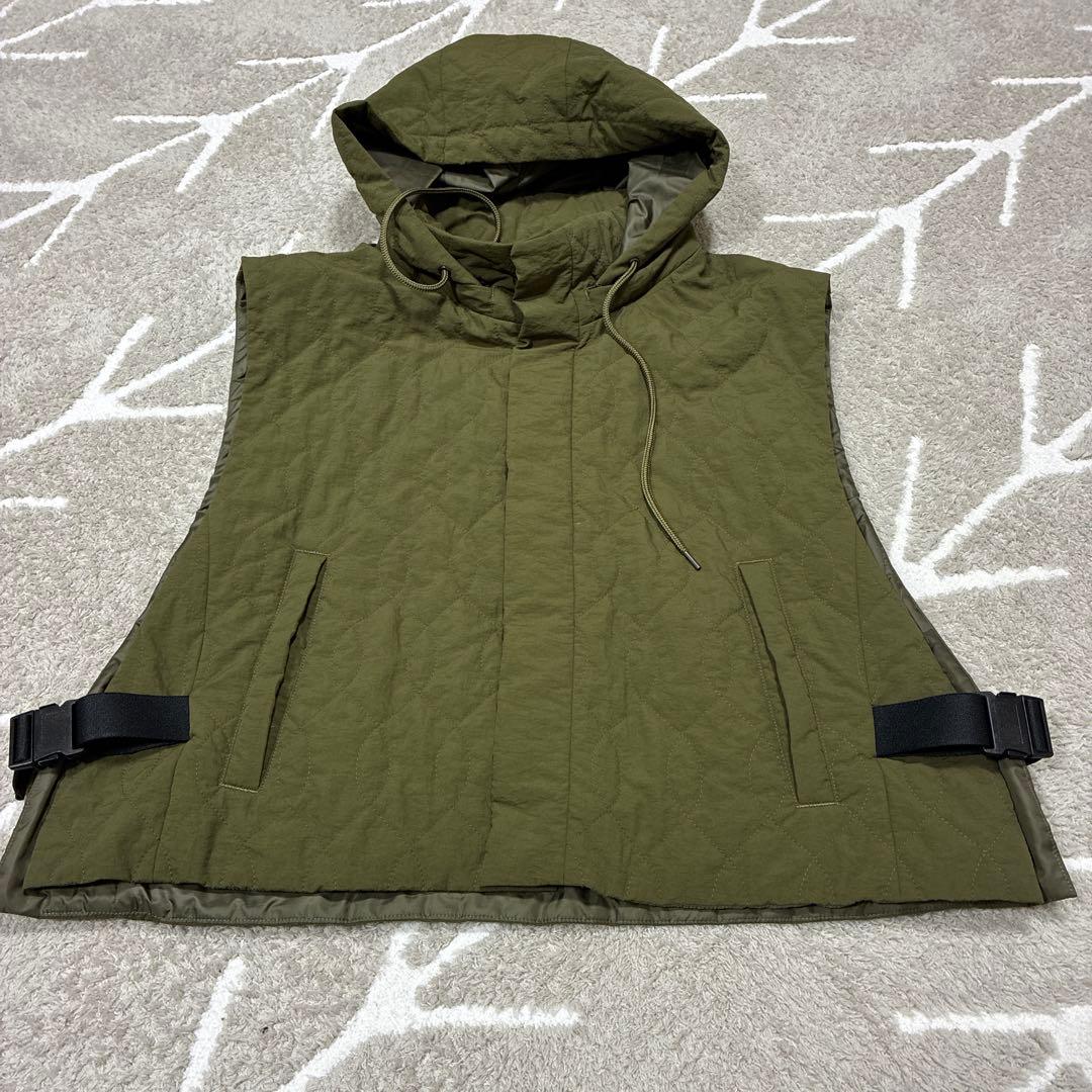 jsluxe ナイロン中綿キルトベスト カーキ色