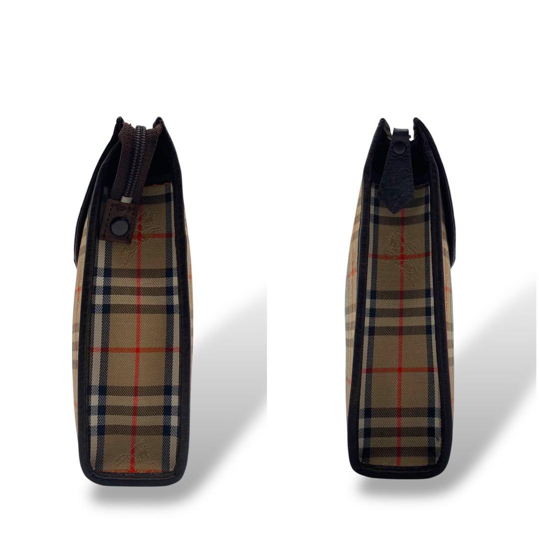 【良品】バーバリー クラッチバッグ ノバチェック キャンバス レザー ブラウン