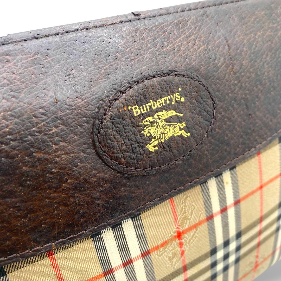 【良品】バーバリー クラッチバッグ ノバチェック キャンバス レザー ブラウン