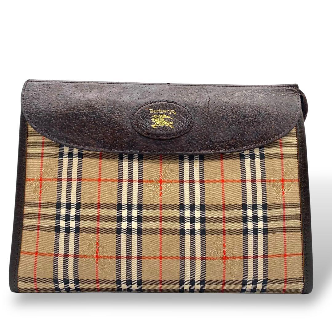 【良品】バーバリー クラッチバッグ ノバチェック キャンバス レザー ブラウン