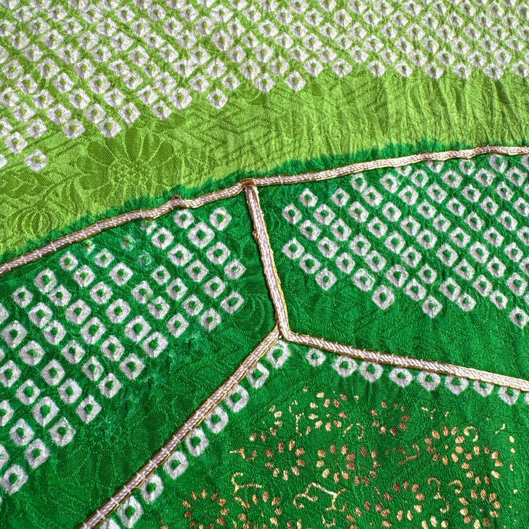 正絹　総絞り　黄緑×緑　疋田　源氏車　刺繍　振袖　着物単品　成人式　アンティーク