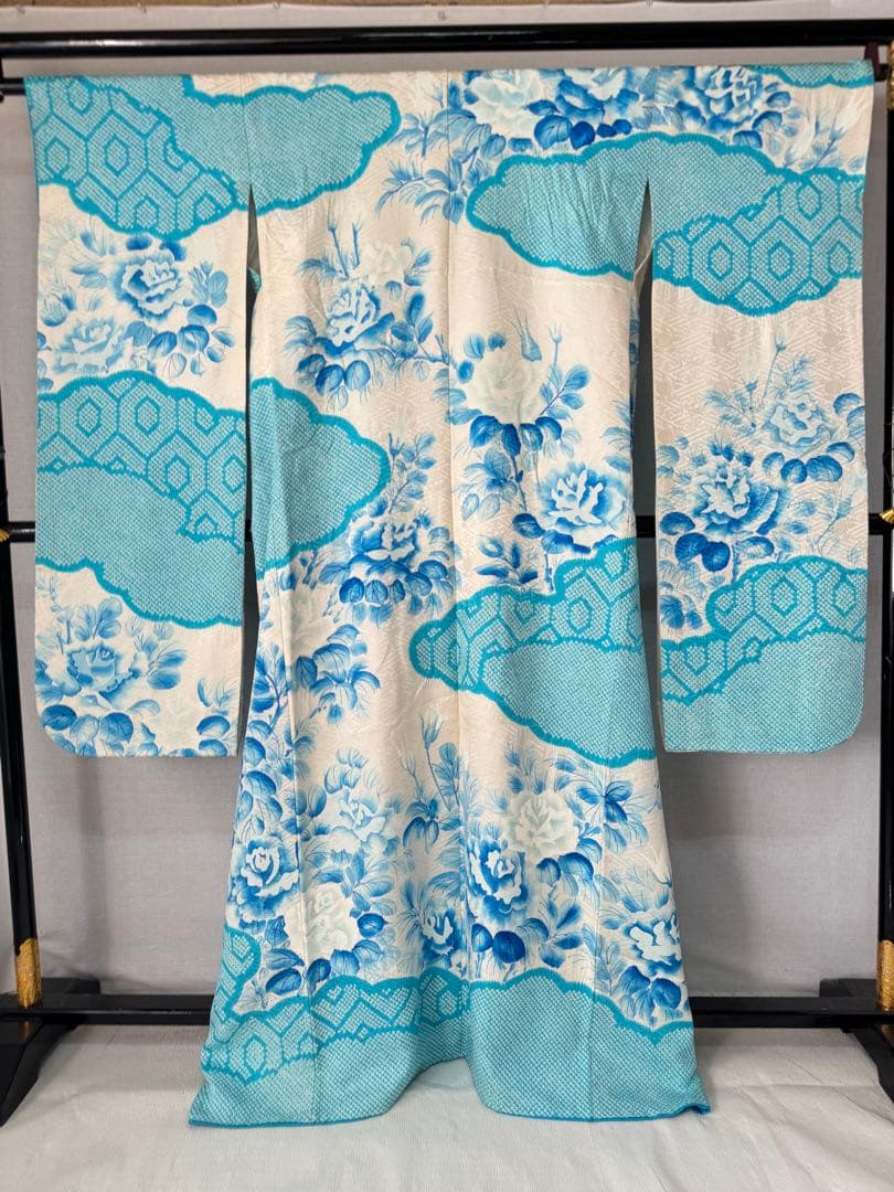 [ヴィンテージ] 振袖　正絹　白　水色　鹿の子絞り　成人式　結婚式　礼装　高身長