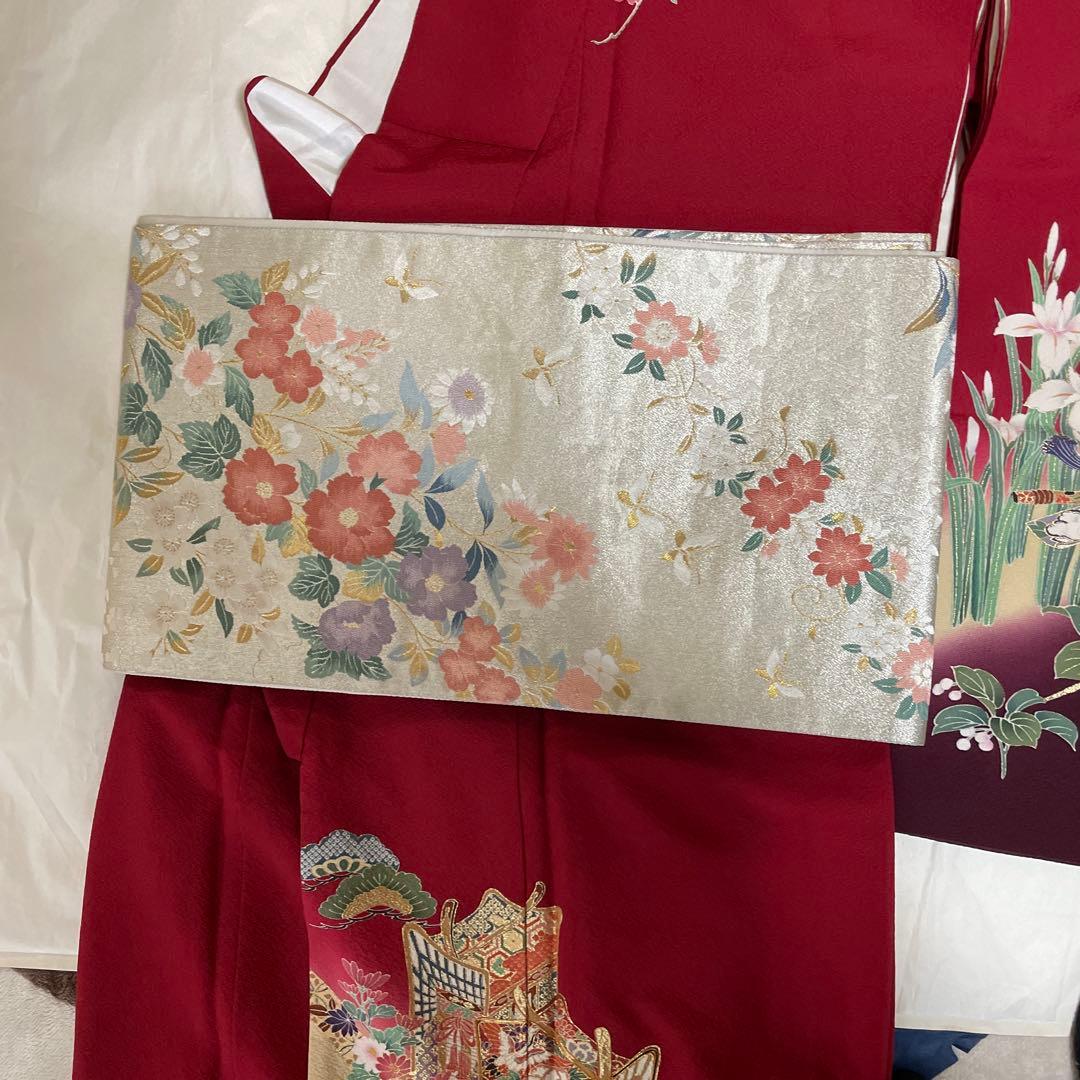 送料値下げ期間↓振袖 赤 花柄 長襦袢　帯付き