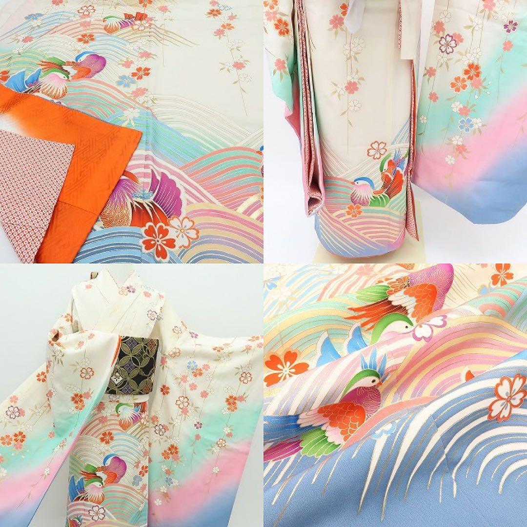 美品 正絹 七五三 ７歳 女児 四つ身着物 鴛鴦 B21