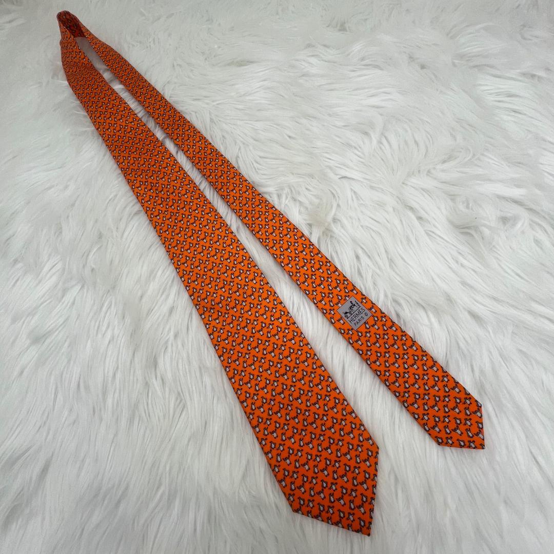 極美品✨エルメス　HERMES 　ネクタイ　シルク100％　オレンジ系