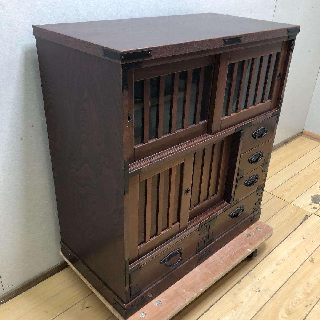 けやき民芸 90飾棚 和風 レトロ家具 ガラス戸付き 食器棚 　250720-6