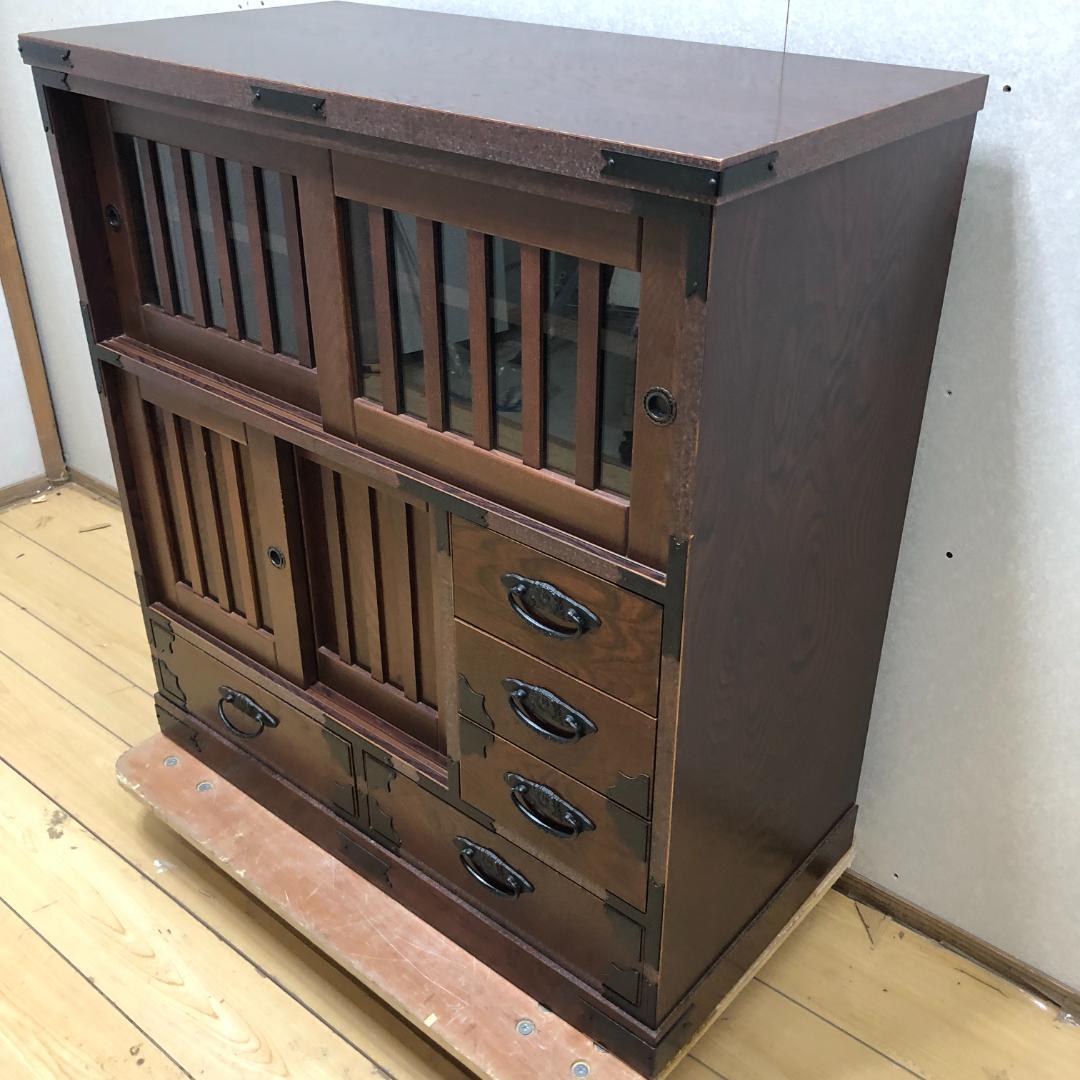 けやき民芸 90飾棚 和風 レトロ家具 ガラス戸付き 食器棚 　250720-6