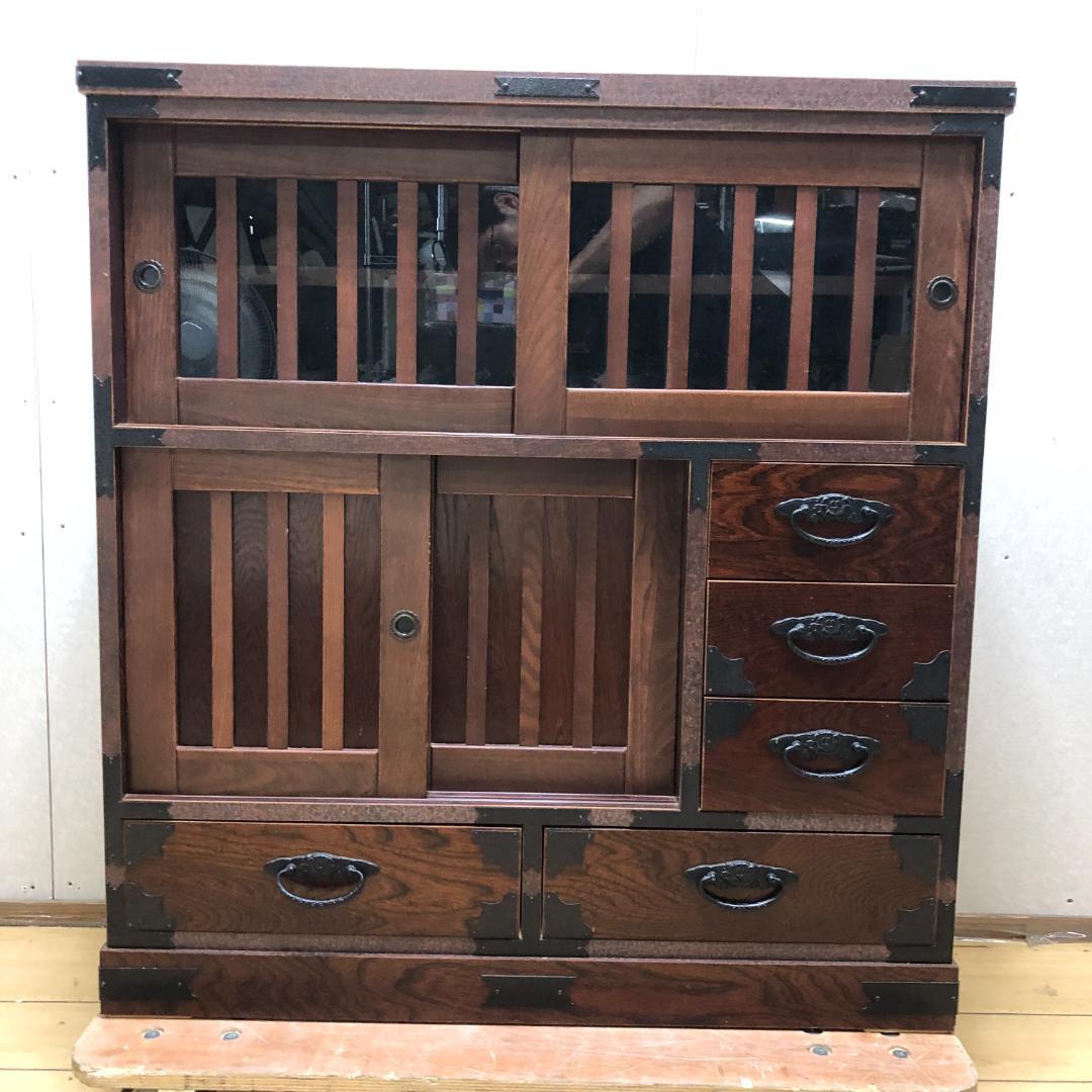 けやき民芸 90飾棚 和風 レトロ家具 ガラス戸付き 食器棚 　250720-6