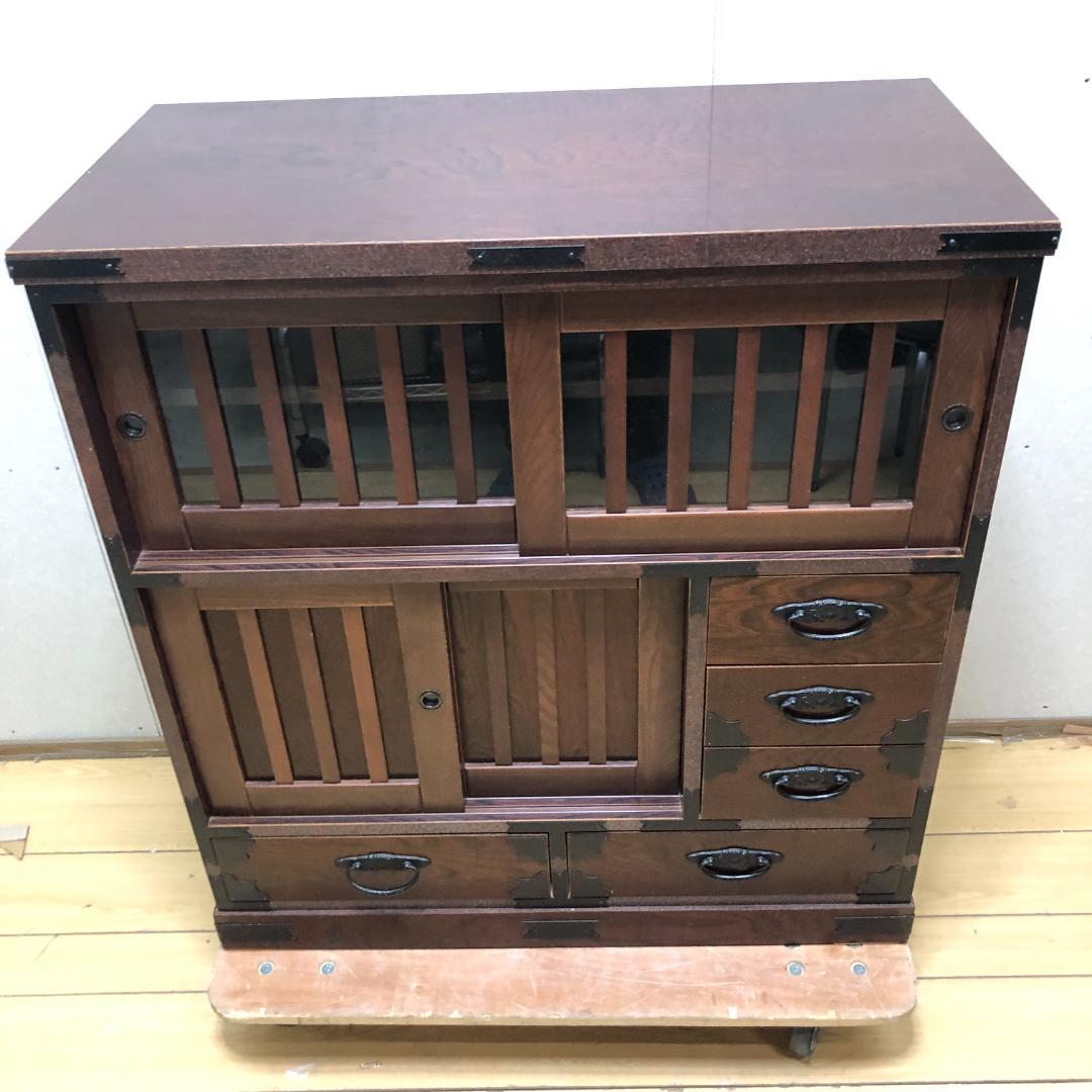 けやき民芸 90飾棚 和風 レトロ家具 ガラス戸付き 食器棚 　250720-6