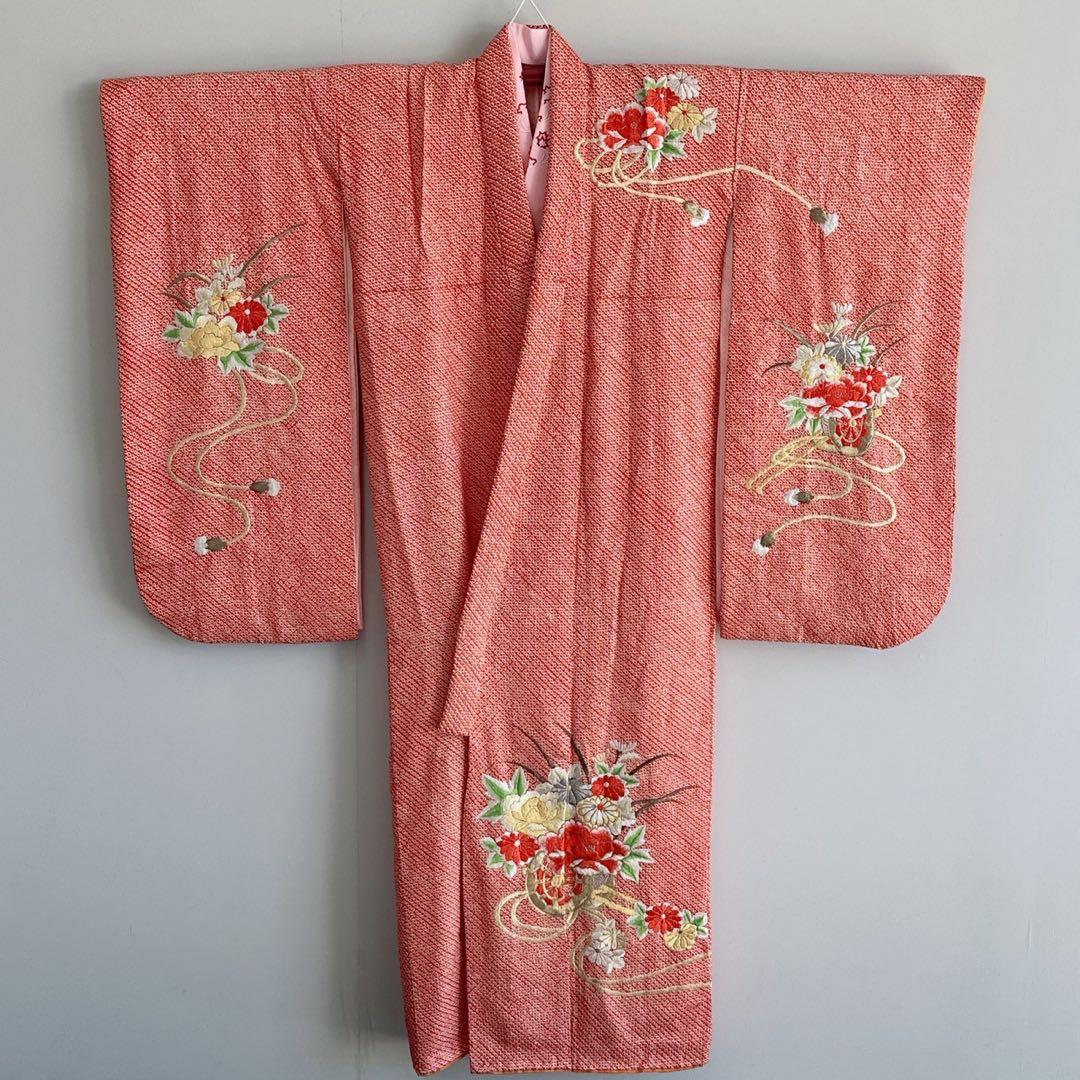 フルセット　七五三　7歳女の子　総しぼり　豪華刺繍　花　鼓　黒袋帯　葉　7067