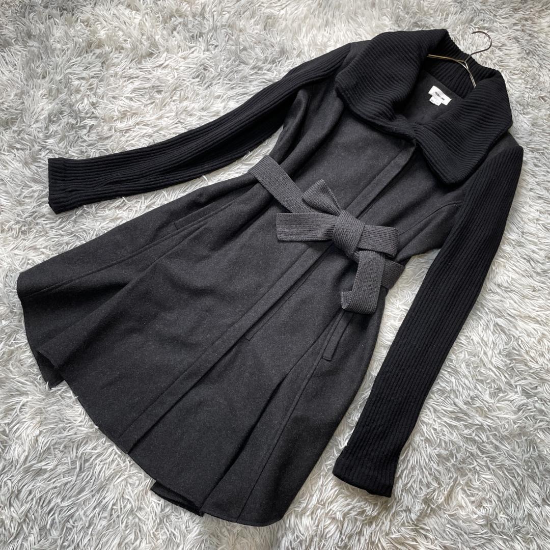 HELMUT LANG 異素材切替 ロングコート ウール混 ダークグレー M