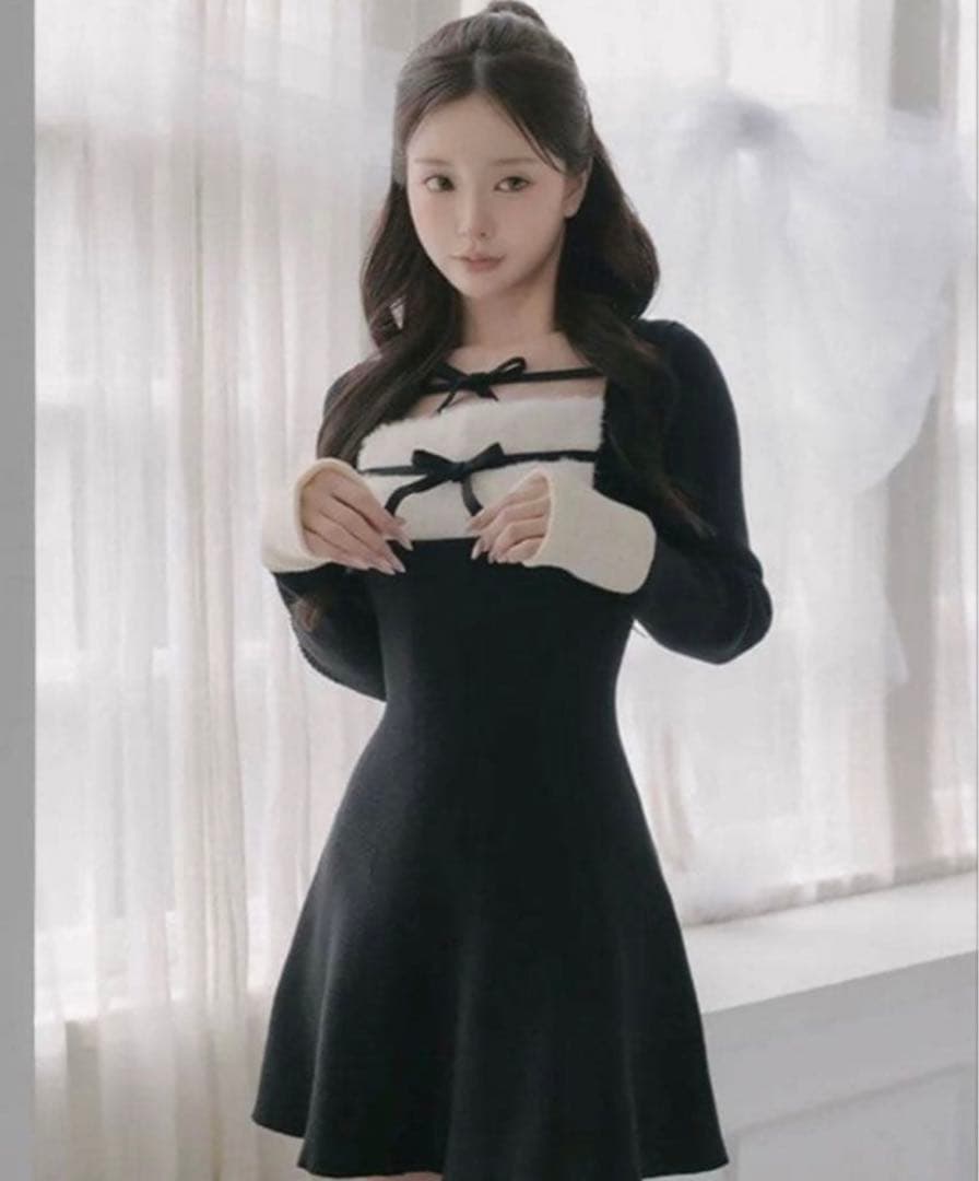 Darich リボンファーフレアニットミニワンピース　Free