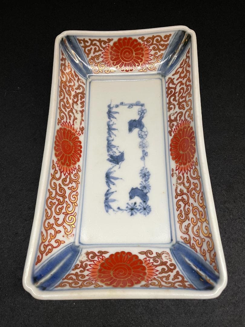 さち 富貴長春 古伊万里 染付 金彩 色絵 骨董 長皿 蛸唐草紋 4客