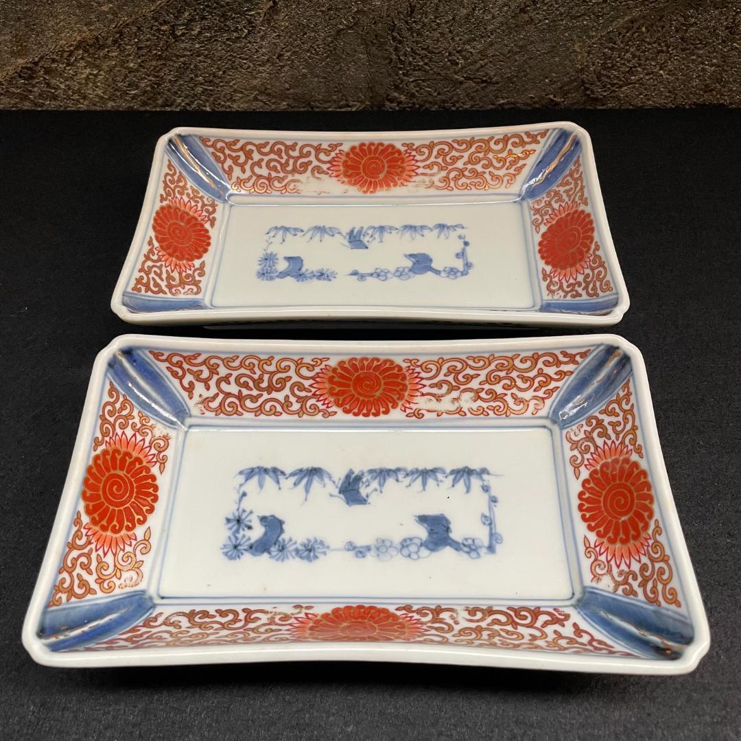 さち 富貴長春 古伊万里 染付 金彩 色絵 骨董 長皿 蛸唐草紋 4客