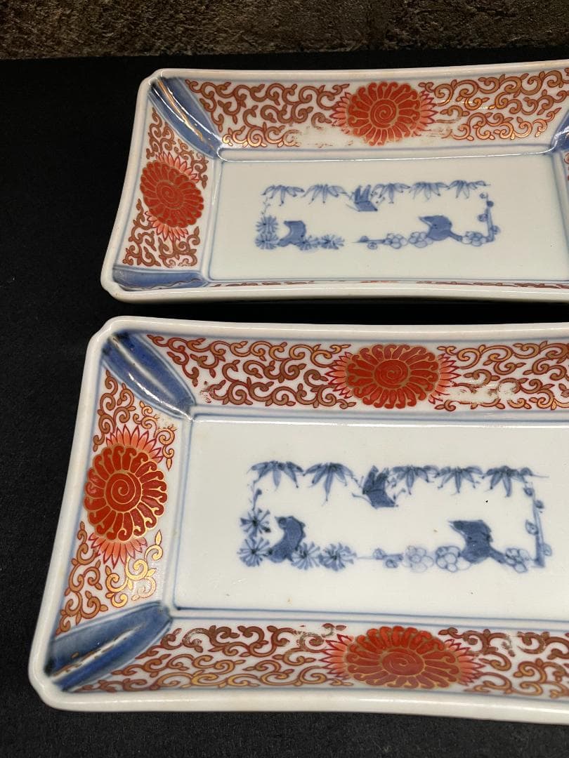 さち 富貴長春 古伊万里 染付 金彩 色絵 骨董 長皿 蛸唐草紋 4客