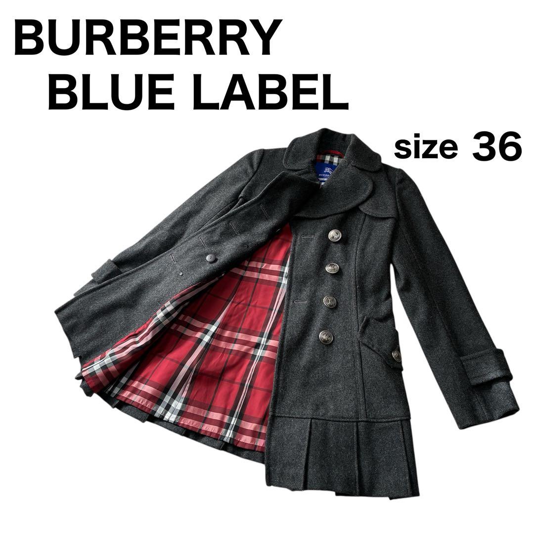 美品 バーバリーブルーレーベル ピーコート シルバーボタン グレー ノバチェック