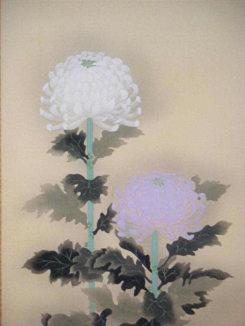 【真作】掛軸　小川朝陽　菊　聖画会　精密描写　共箱入　P46