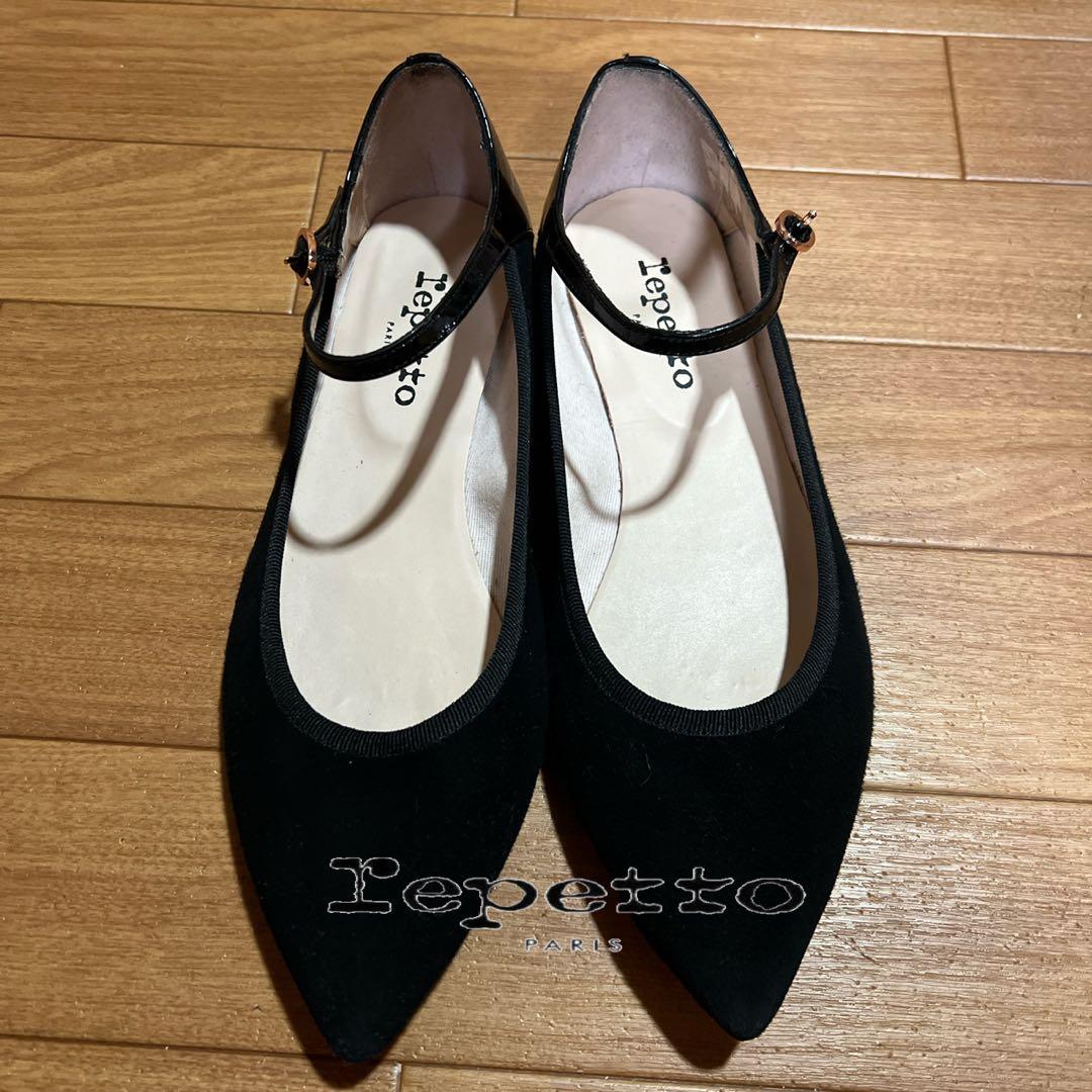repetto ブラック アンクルストラップフラットシューズ