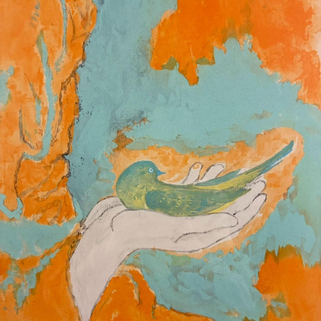 美品 高山辰雄「鳥と」リトグラフ 直筆サイン入 証明シール有 日本画家 文化勲章