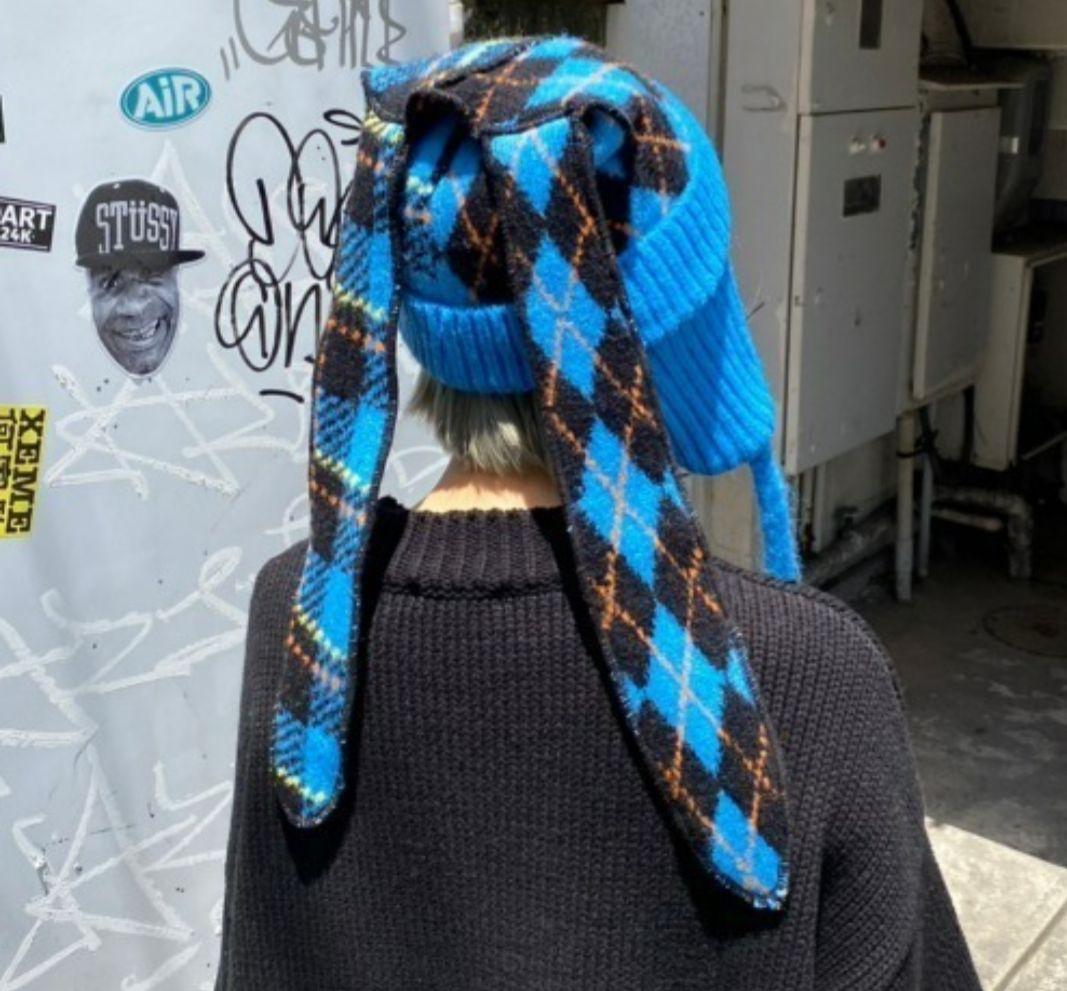 _ Ｌ'ｉｌｙ_様　青×黒　ウサギ耳付きニット帽 キャンディストリッパー